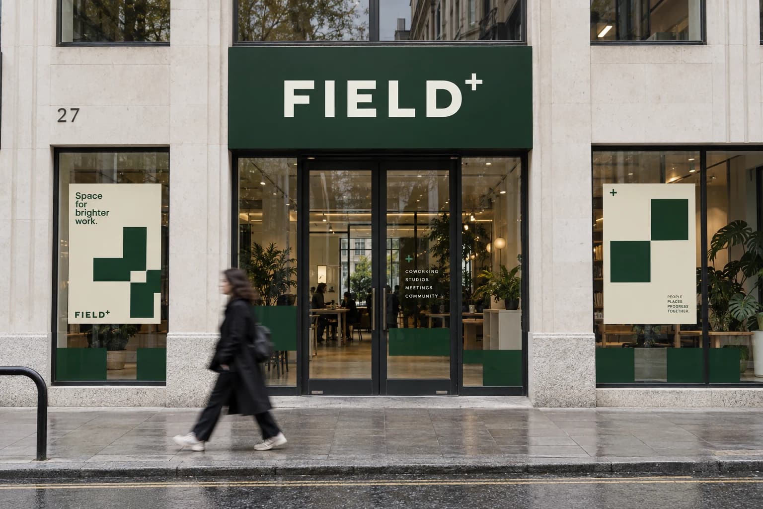 Illustrative FIELD identity applied to a coworking building entrance