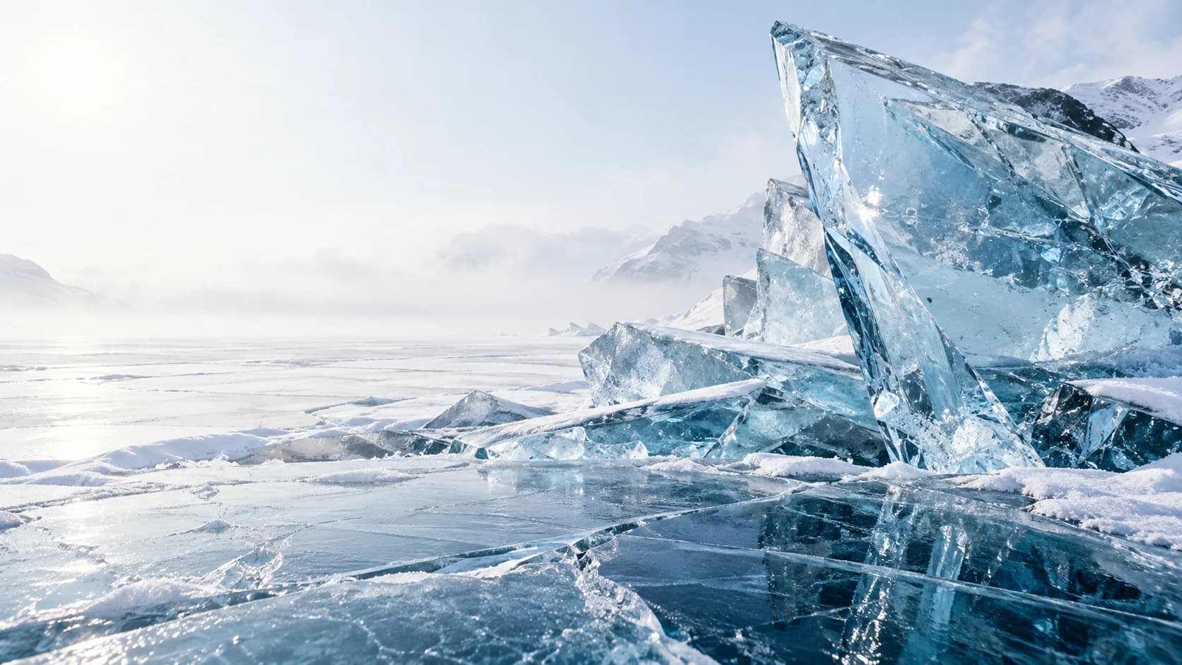 Winter light passing through sculptural ice on a frozen lake