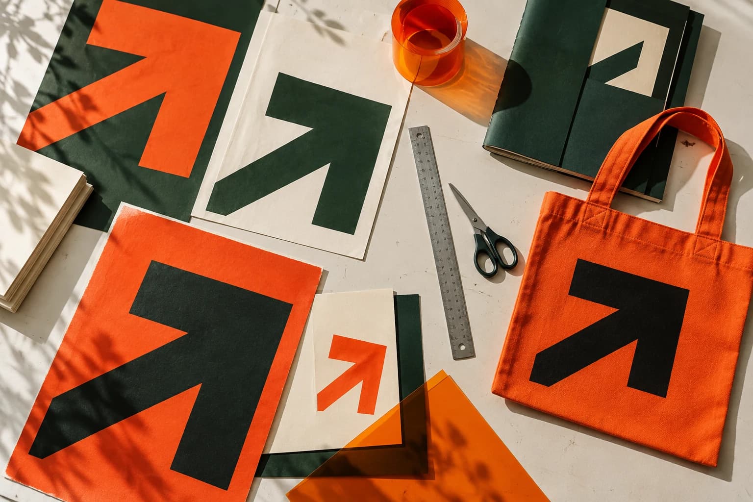 Illustrative FORMA campaign: printed arrow studies, publications and an orange tote on a design worktable