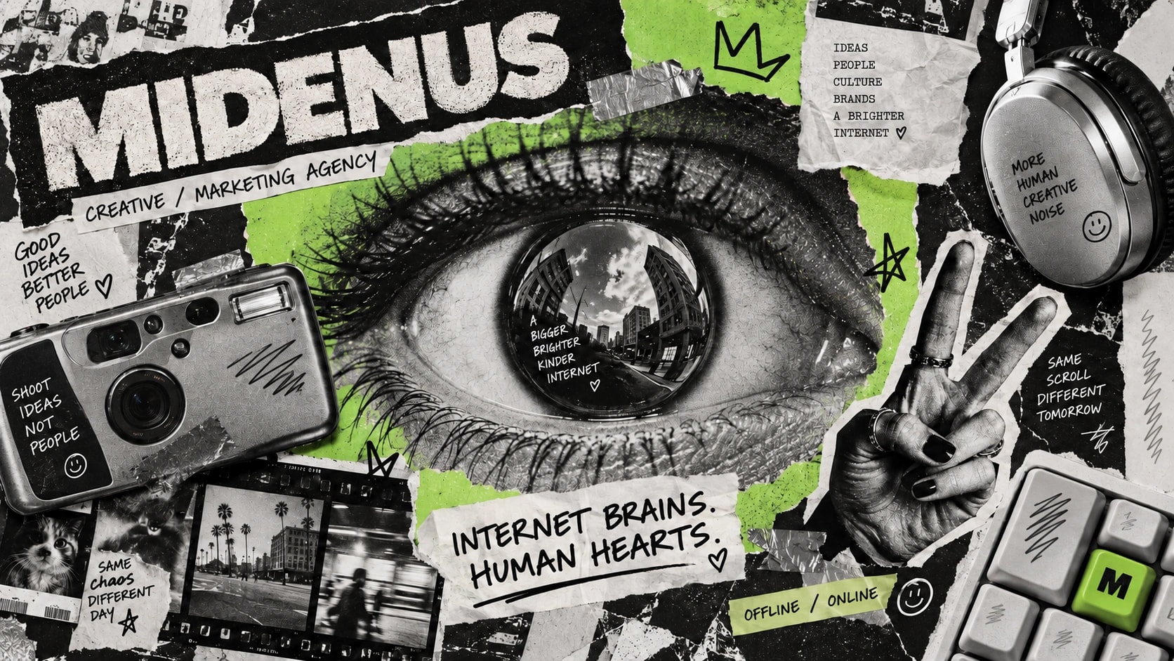 Midenus eye, camera and headphones collage in black, white and apple green