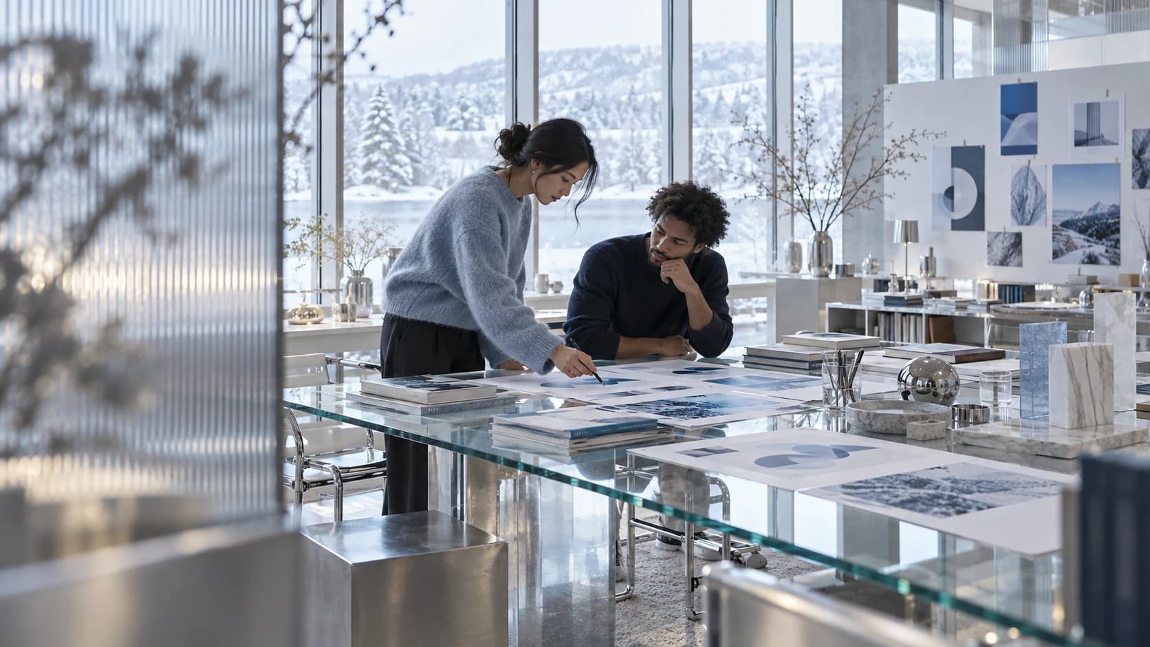 Illustrative Northline studio with frosted partitions and north-facing winter light